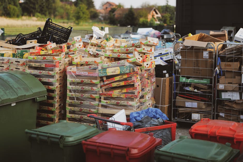 An outdoor scene featuring a large collection of stacked cardboard fruit boxes with vibrant red, green, and yellow prints, arranged in several neat towers. To the right, there are black wire cages filled with various boxed items, some partially open, revealing brown packaging or contents inside. In the foreground, several plastic recycling bins and containers in green, red, and gray are visible, with some lids closed and others slightly ajar. A red shopping trolley with a blue plastic bag draped over it is positioned near the bins, and additional cardboard boxes and packaging materials are scattered nearby. The scene appears to be set on a paved driveway or yard within a residential area, with trees and houses visible in the background under natural daylight, suggesting a private waste collection or clearance activity conducted by a waste management service such as rubbishclearancehollandpark.com, emphasizing the process of independent rubbish removal, including cardboard, boxed items, and miscellaneous waste materials.