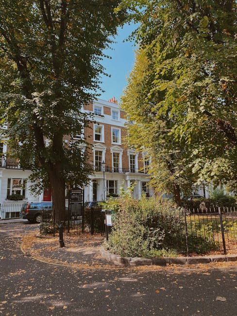A multi-story residential building with a white facade and large sash windows, situated behind a small garden enclosed by a black metal fence. The garden contains green foliage and some small bushes. The surrounding pavement and driveway are scattered with fallen autumn leaves, with a few parked cars visible on the left side. Tall deciduous trees with dense green leaves frame the scene, partially obscuring the building and casting shadows on the ground. The sky is clear and blue, indicating a bright, sunny day. Occasional sunlight filters through the leaves, creating a natural, dappled light effect. The scene appears to depict a typical urban residential area where private waste and rubbish might be managed through independent clearance services, such as those offered by rubbishclearancehollandpark.com, instead of relying on municipal collection. The overall impression is one of peaceful, well-maintained surroundings with natural and architectural elements typical of central London neighborhoods.